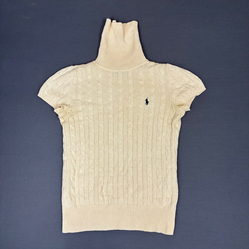 Polo Ralph Lauren Sport Cable Knit Short Sleeve Turtleneck Cream Sweater Small